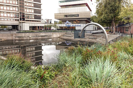 Het Benthemplein Rotterdam kan circa 1,7 miljoen liter water opslaan. Het is het grootste waterplein van Europa.